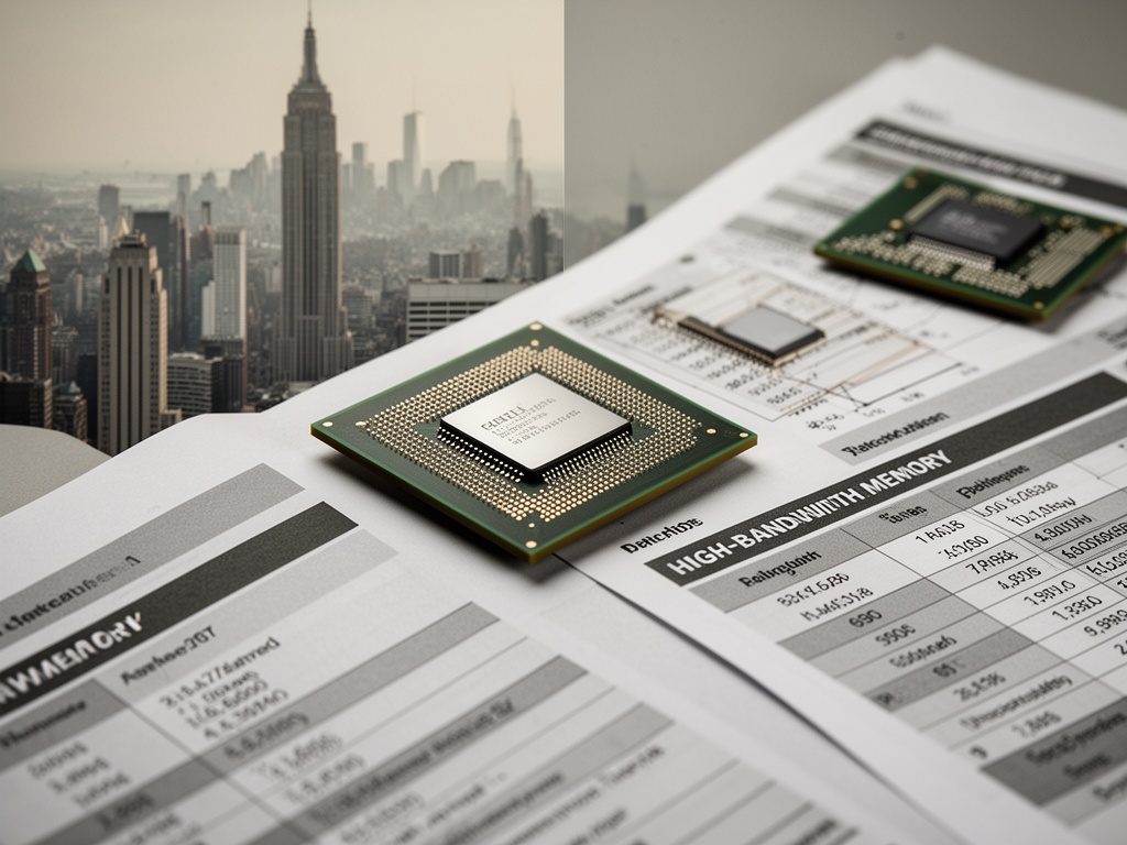 High-bandwidth memory chip samples displayed in a semiconductor lab alongside technical specification sheets.