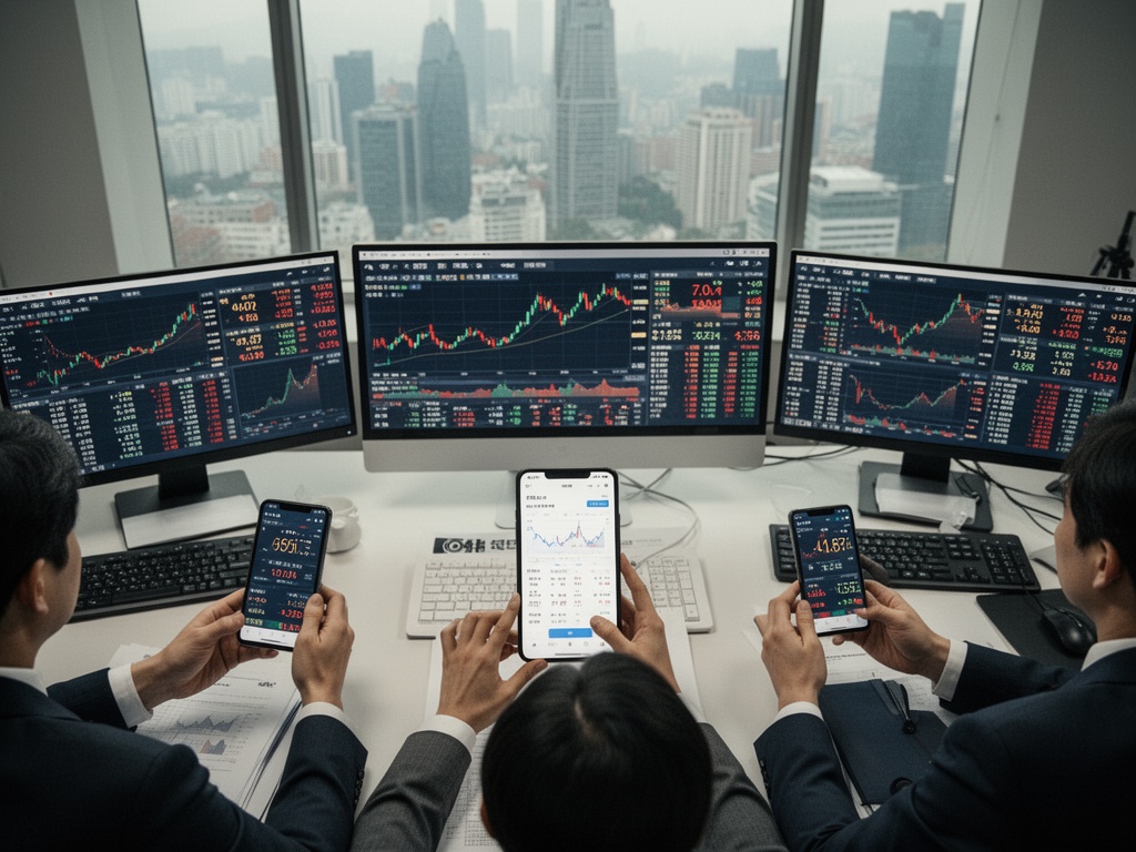 Crowd of Korean investors monitoring portfolio gains on phones and trading terminals during market open.