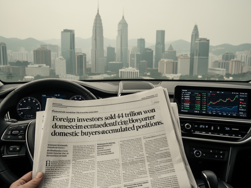Financial newspaper headline reporting foreign investors sold 44 trillion won while domestic buyers accumulated positions.