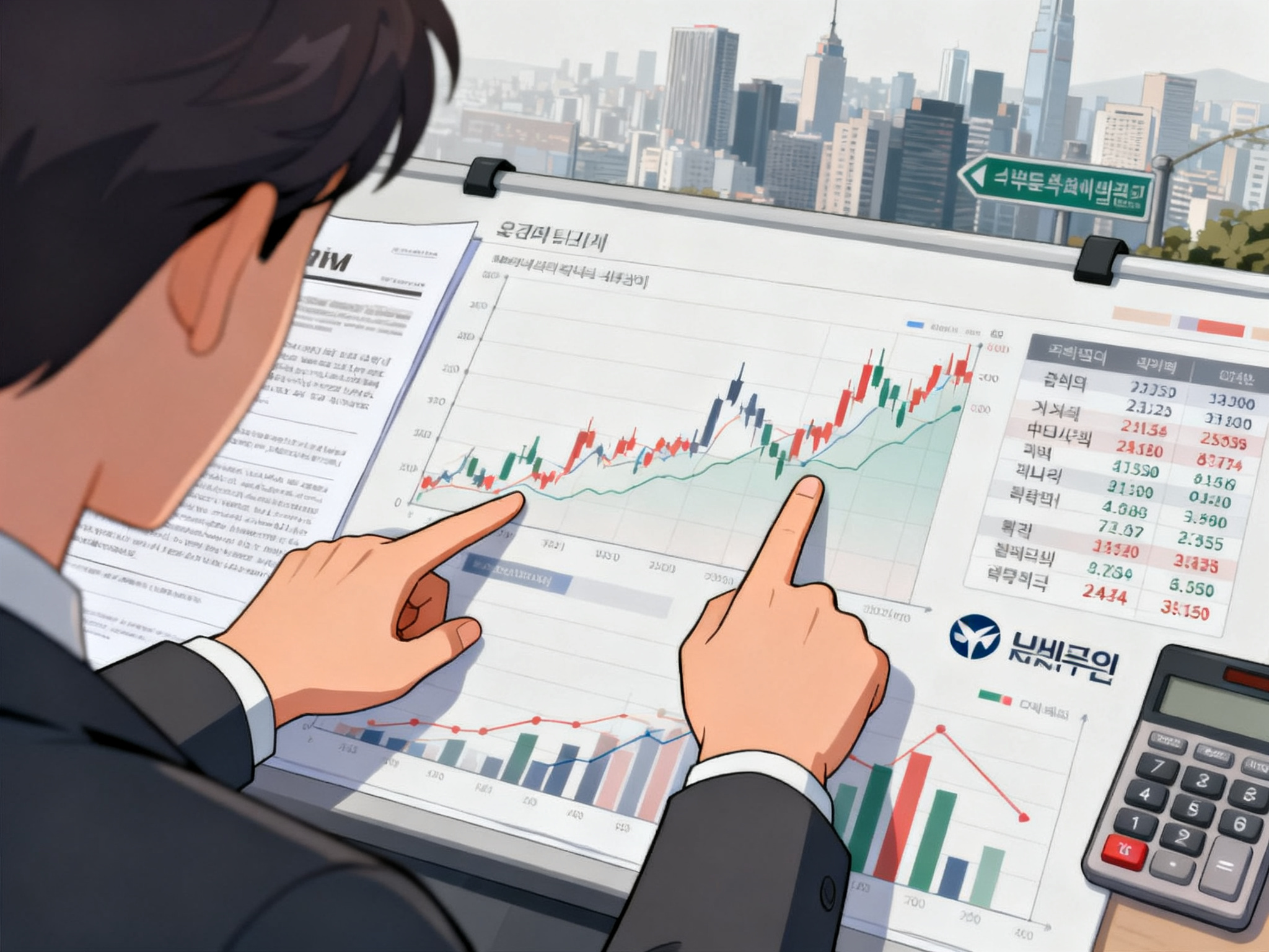 Close-up of hands pointing to economic charts and graphs displaying stock market indices and growth rate statistics on a presentation board.