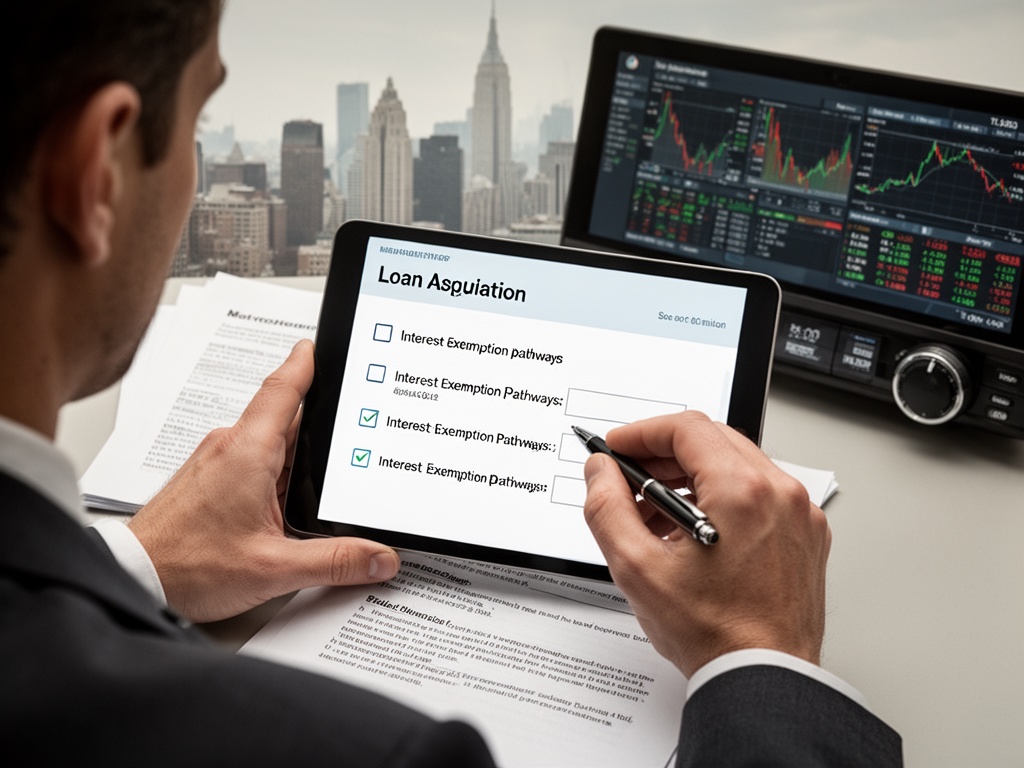Close-up of hands filling out a digital loan application form with checkboxes for interest exemption pathways.