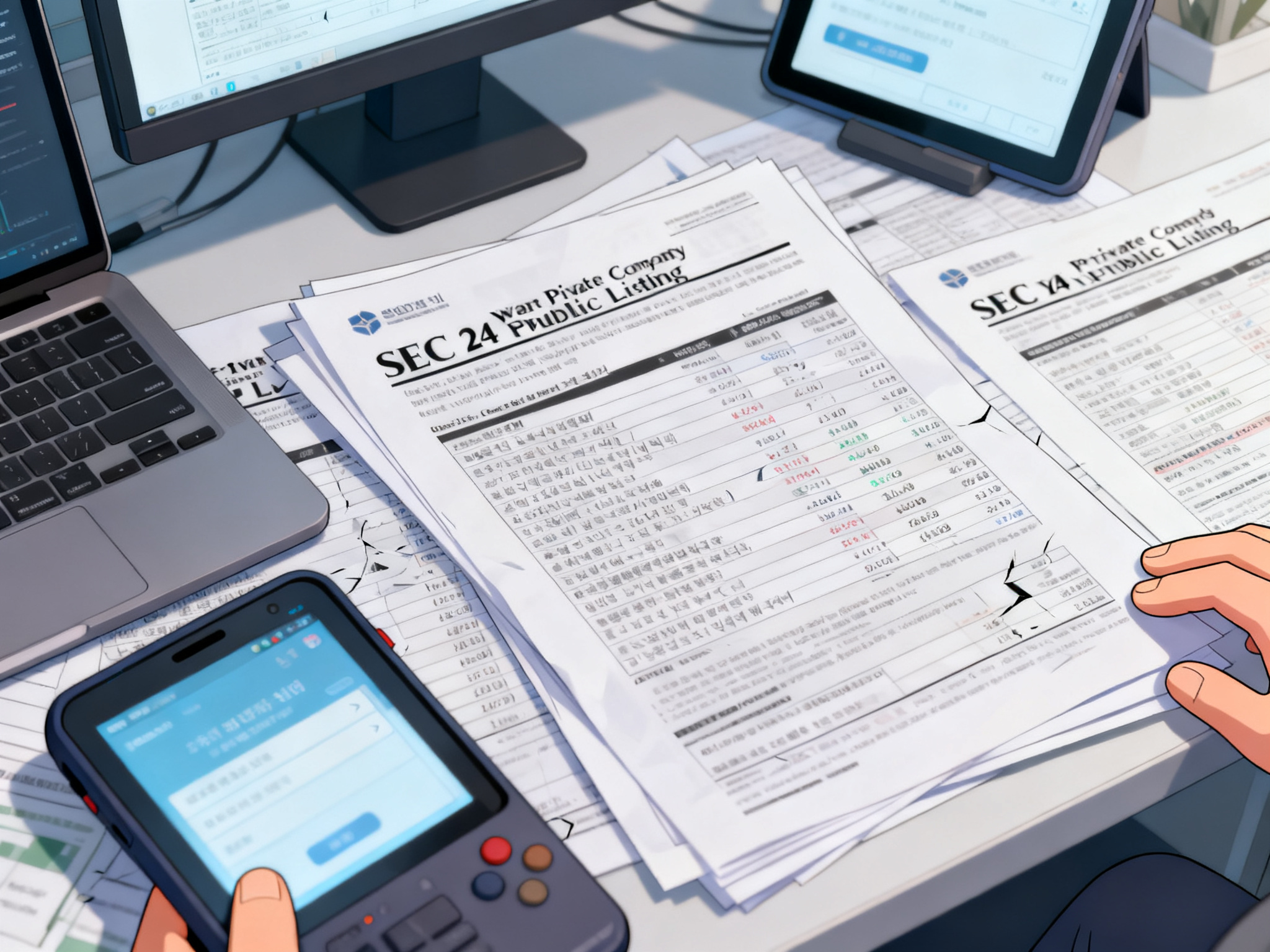 Financial documents and SEC filing papers spread across a desk showing 24 years of private company records before public listing