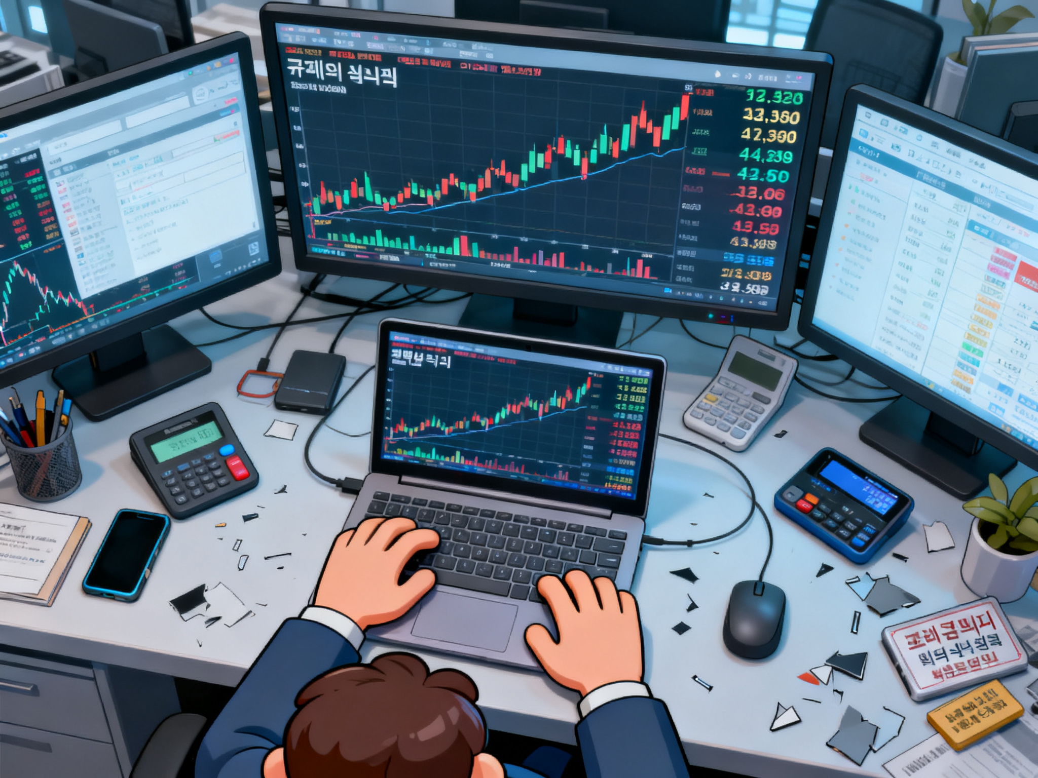 Trading floor with multiple screens showing real-time stock price climbing from opening to peak trading value during first day