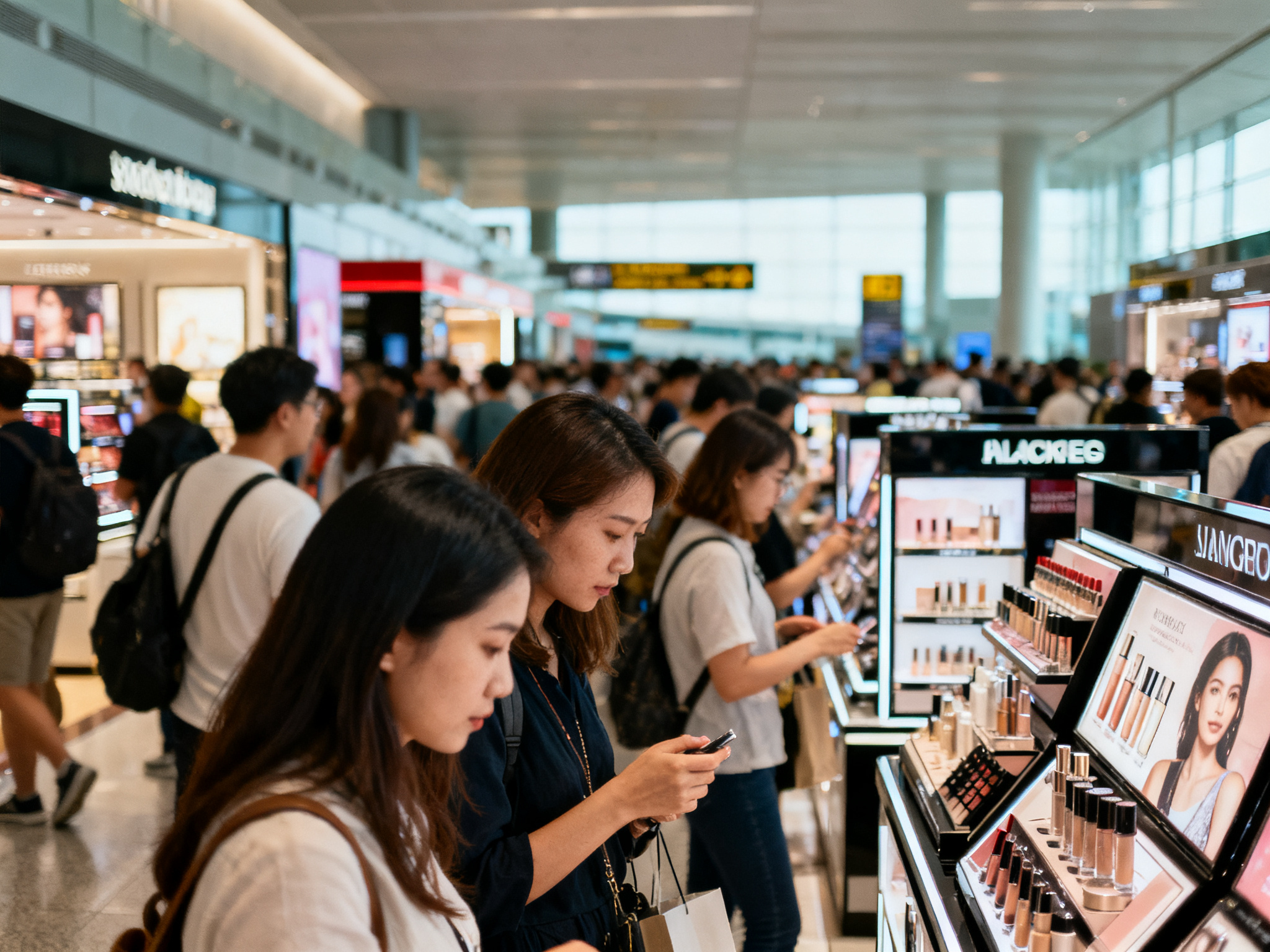 Crowded international airport duty-free zone with diverse shoppers browsing beauty displays across multiple vendor stalls.