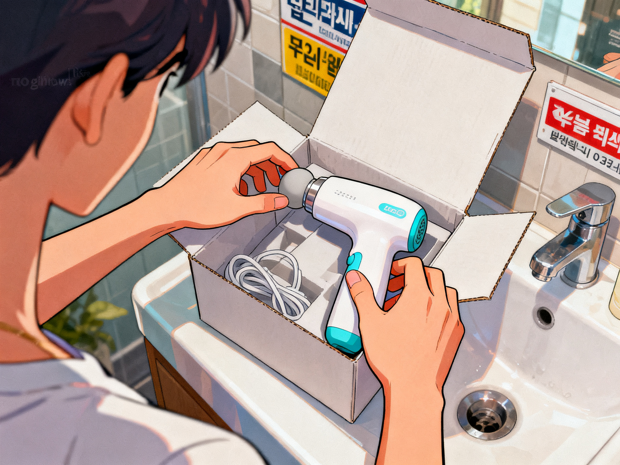 Hands unpacking a home beauty device from a plain unmarked box in a contemporary bathroom setting.