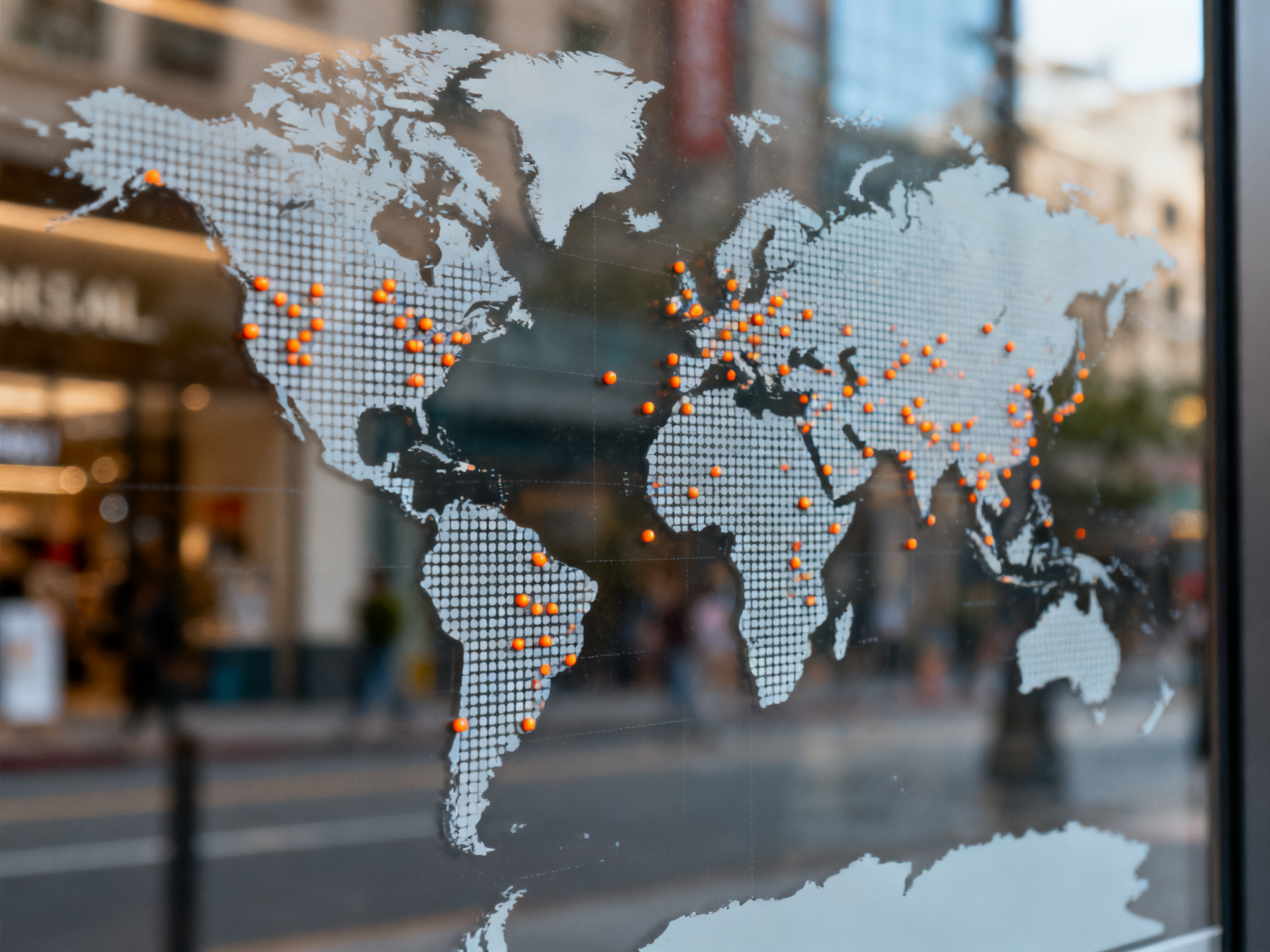 A global map projection showing retail expansion dots appearing across North America, Middle East, and Asia simultaneously.