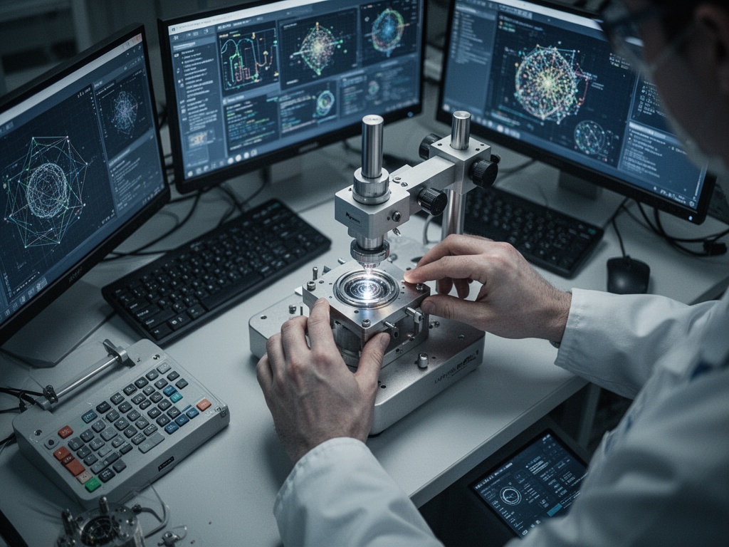 A scientist's hands adjusting precision measurement equipment inside a quantum computing laboratory setup.