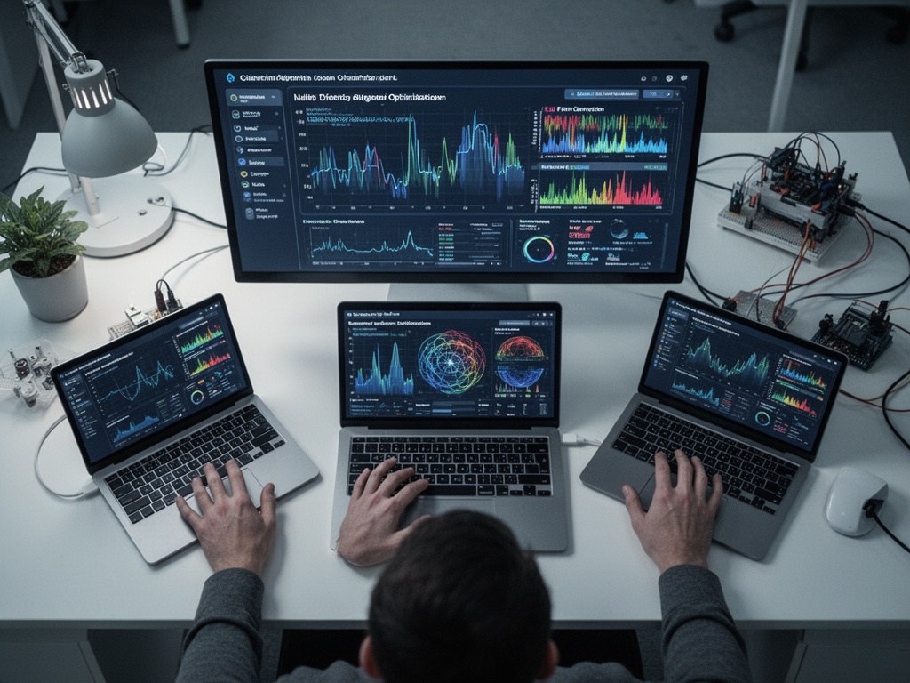 An AI interface displaying quantum algorithm optimization data with rapidly updating error correction metrics.