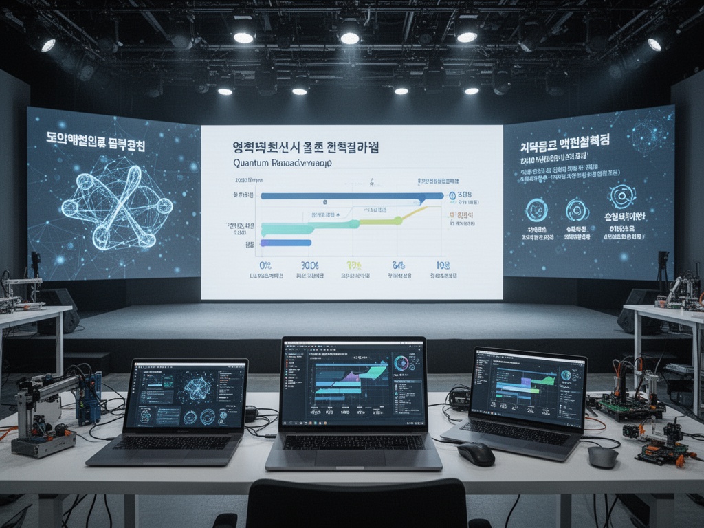 A Korean tech conference stage with presentation screens showing quantum roadmap timelines and achievement milestones.
