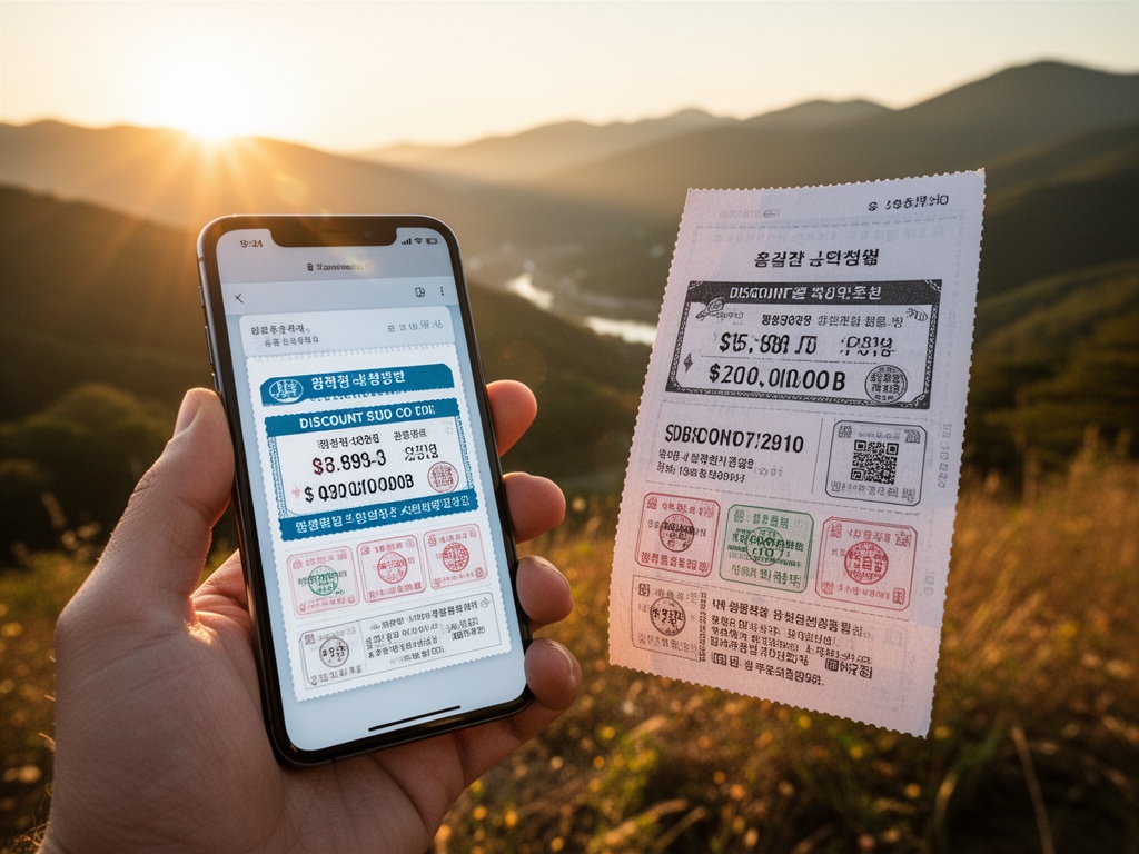 Traveler's hand holding a smartphone showing discount coupon code next to reward stamp conditions in fine print.