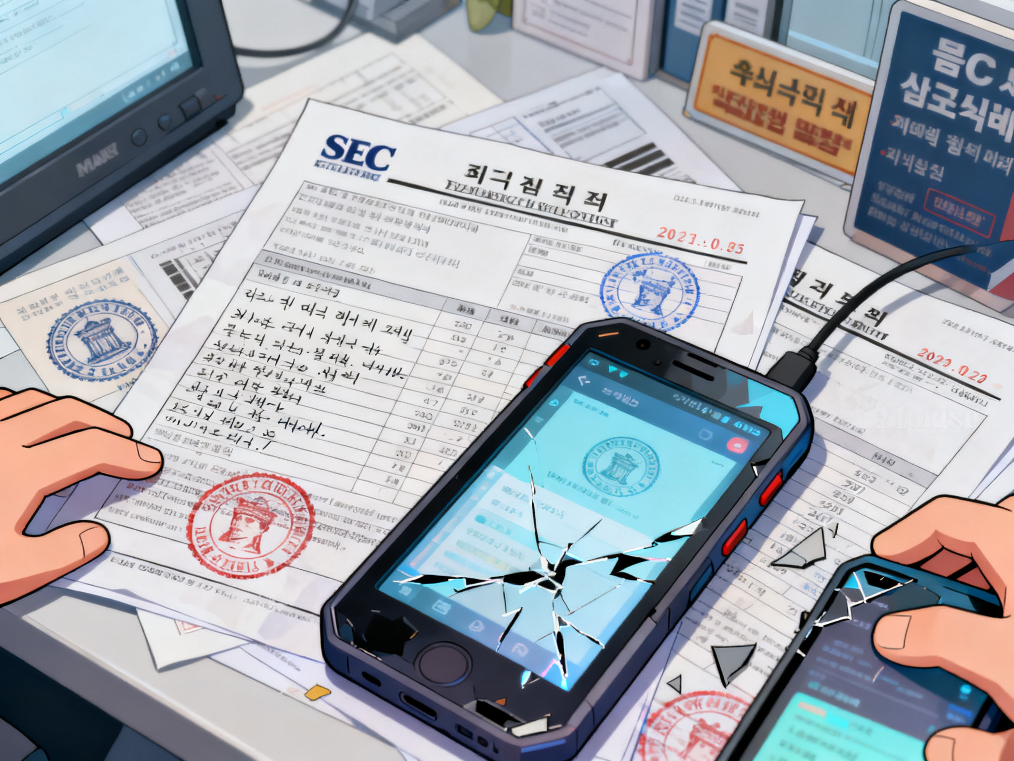 Financial documents and SEC filing papers spread across a desk, marked with dates and official seals.