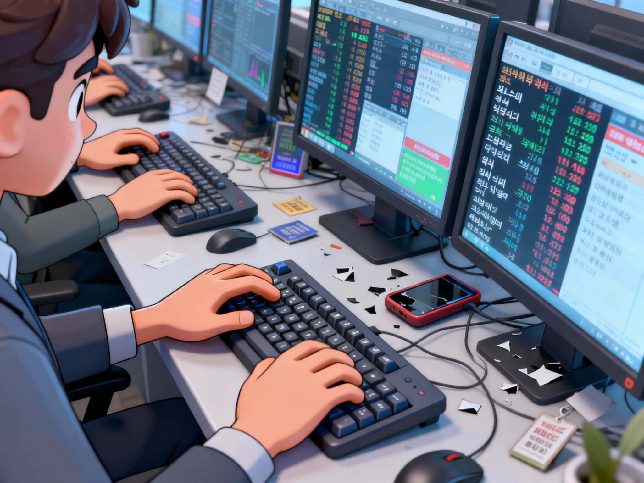 Multiple hands typing on keyboards at a trading desk, executing massive buy orders as market activity intensifies.