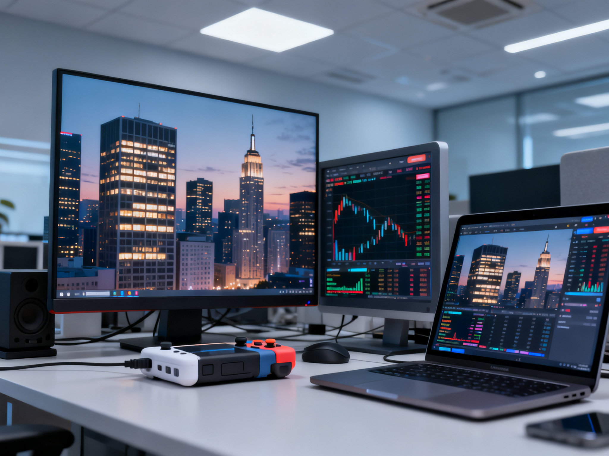 A skyline of tall office buildings at dusk, with illuminated windows reflecting the energy of global financial markets closing the trading day.