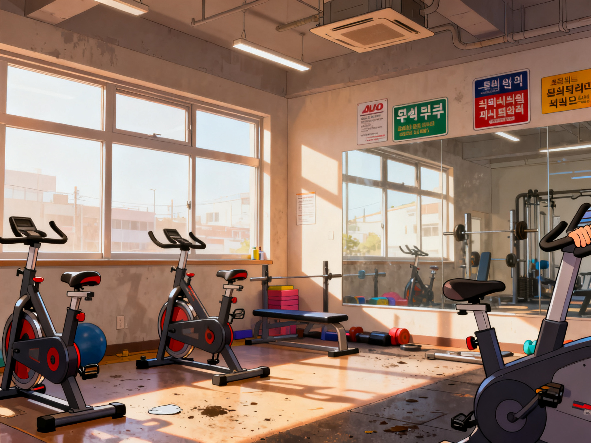 Empty fitness studio with unused exercise equipment and minimal attendance compared to pre-pandemic peak years.