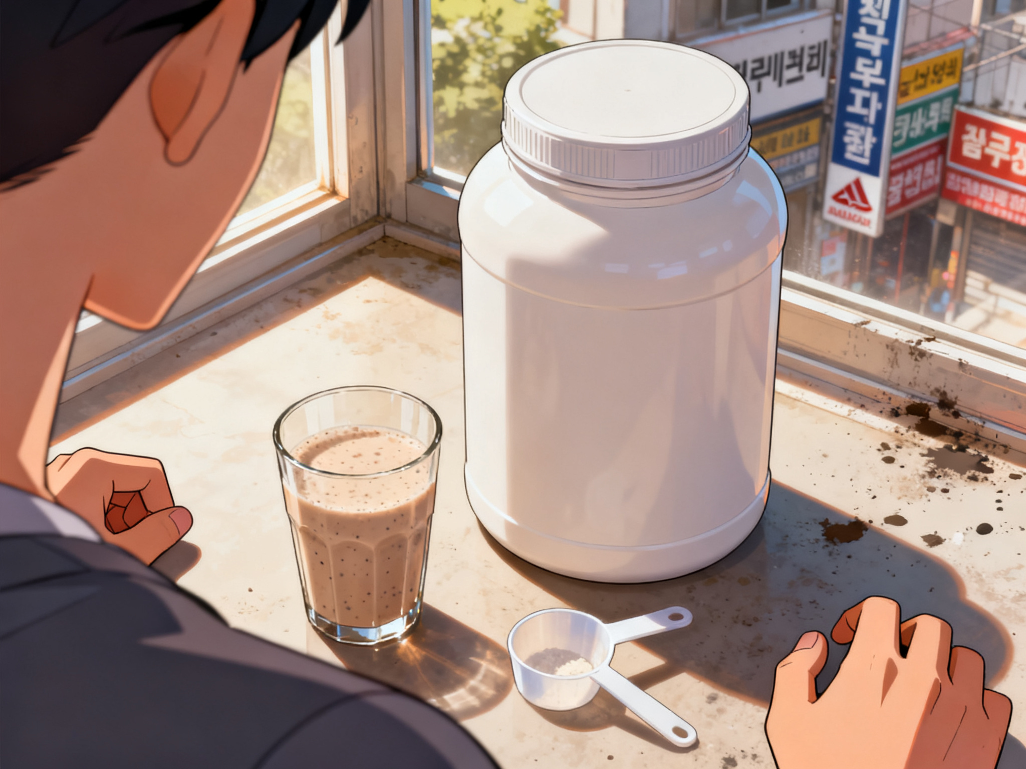 Close-up of a plain unmarked protein powder container and measuring scoop beside a glass of mixed supplement drink.