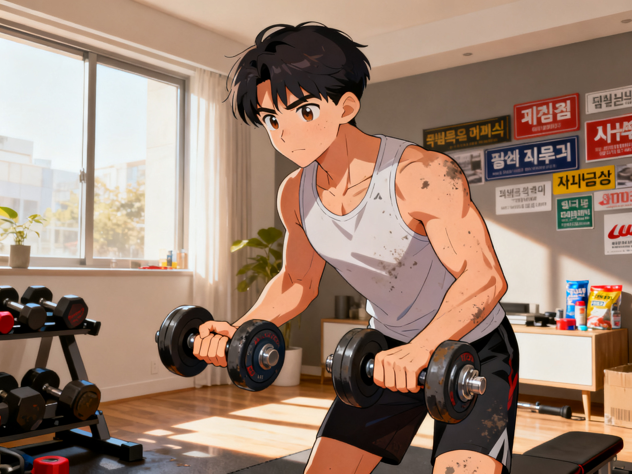 A person performing resistance training with dumbbells in a modern home gym setting, emphasizing muscle maintenance.