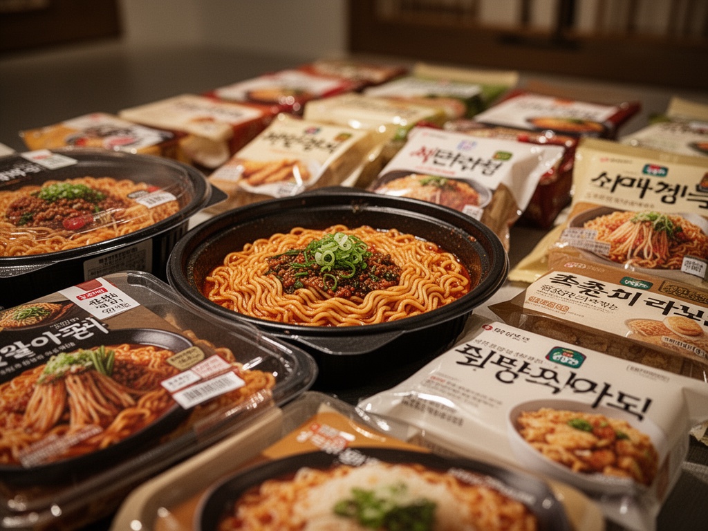 Close-up of ramens and Korean snacks arranged in organized rows, showing product diversity and packaging design.