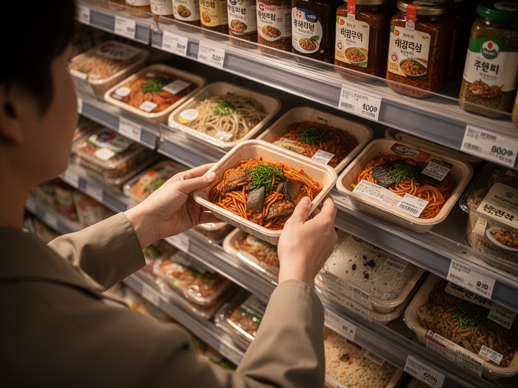 Hands placing Korean food items onto store shelves in an international supermarket setting.