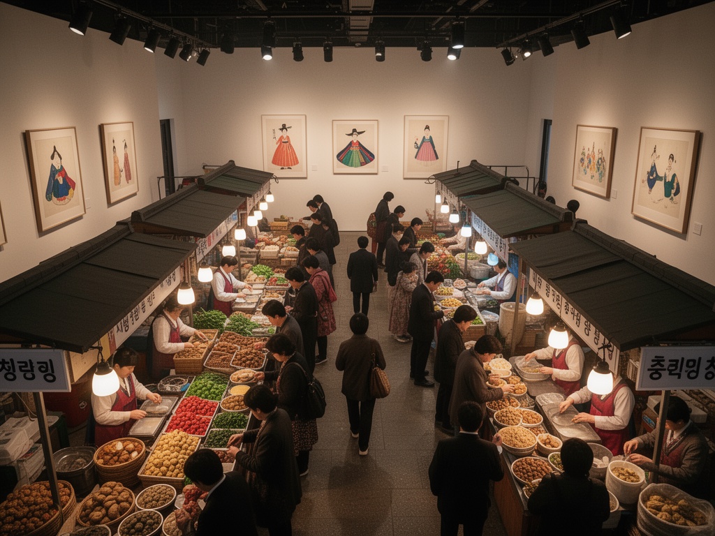Overhead view of a busy Korean marketplace bustling with vendors and customers, representing expanded K-culture lifestyle industry reach.