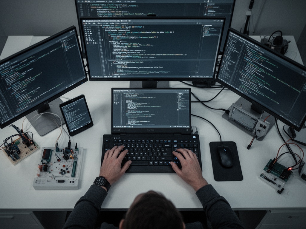 Hands operating a terminal keyboard with code and data streams visible on monitor screens.