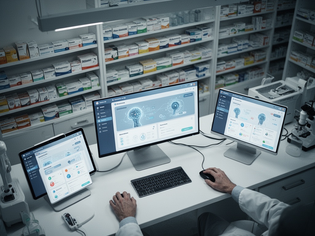 A pharmacy counter with organized medication shelves and a computer interface, showing human-AI collaboration in healthcare.