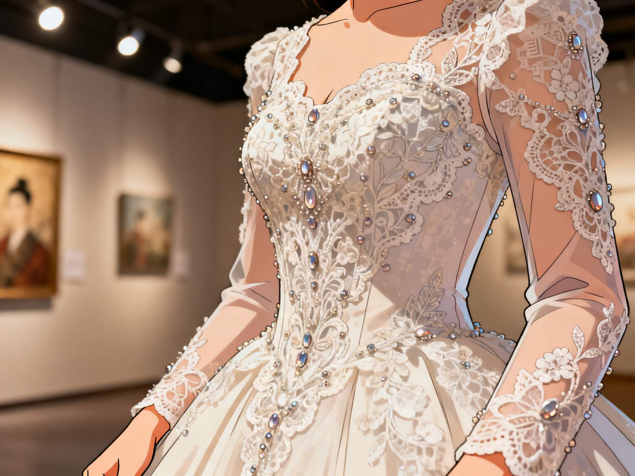 Close-up detail of intricate lace and beading work on the dress bodice and sleeves.