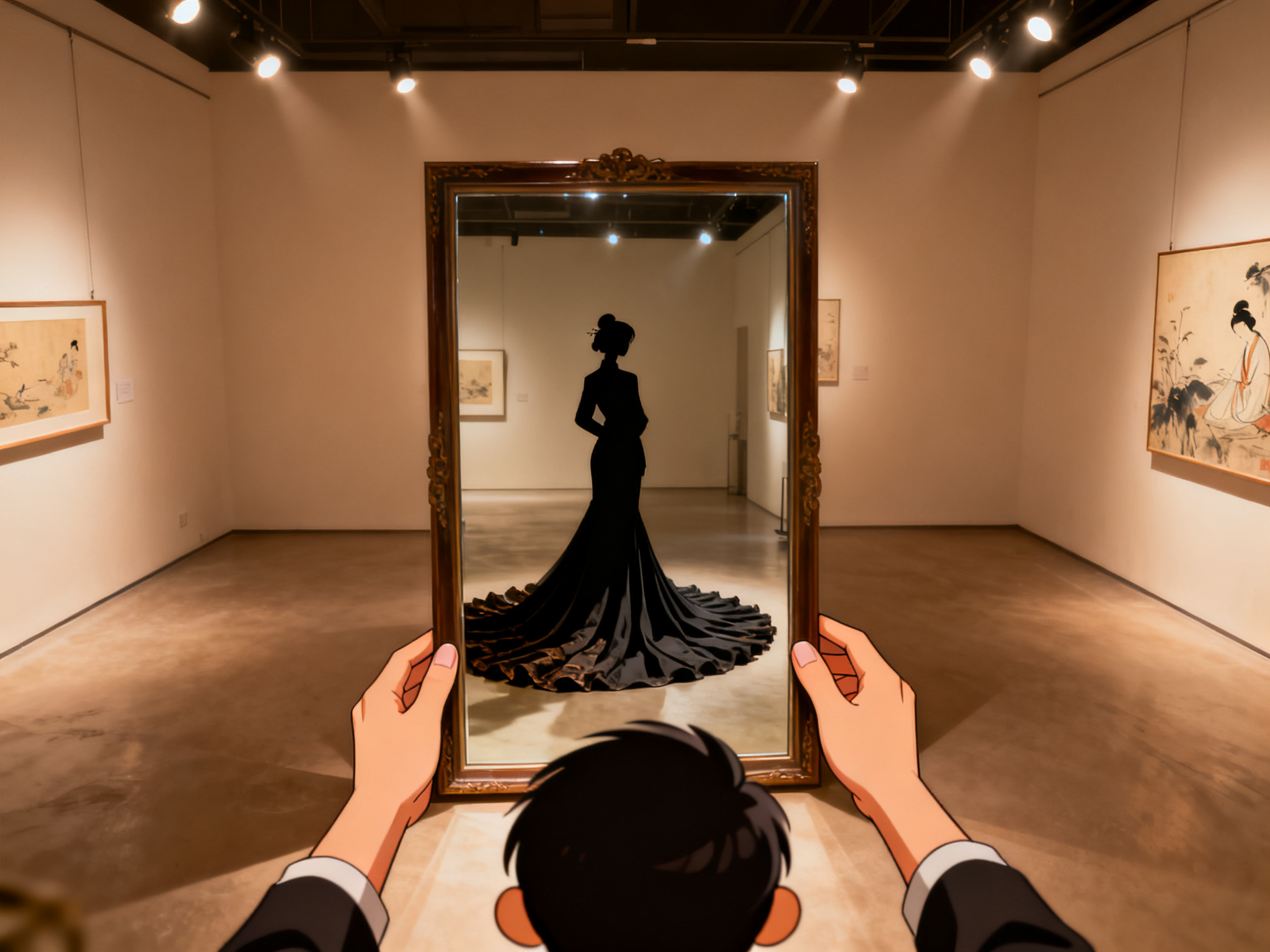 Full-length mirror reflection showing the complete silhouette and dramatic train arrangement.
