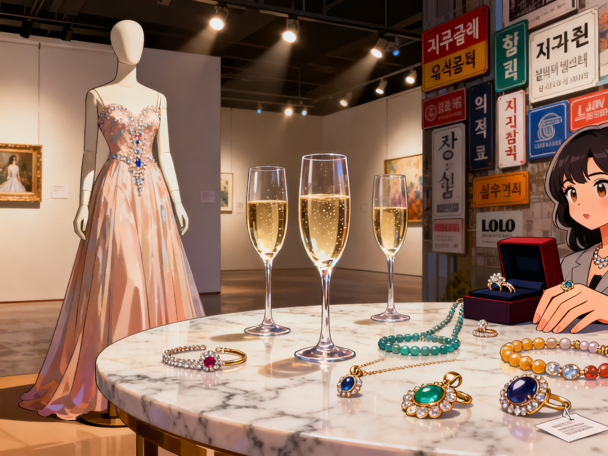 Elegant champagne glasses and designer jewelry arranged on a marble table beside the displayed gown.