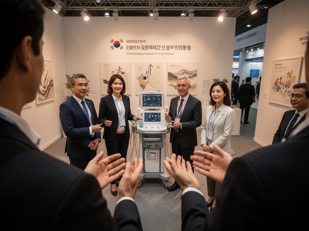Medical device exhibition booth at São Paulo trade show with Korean company representatives presenting equipment to international buyers.