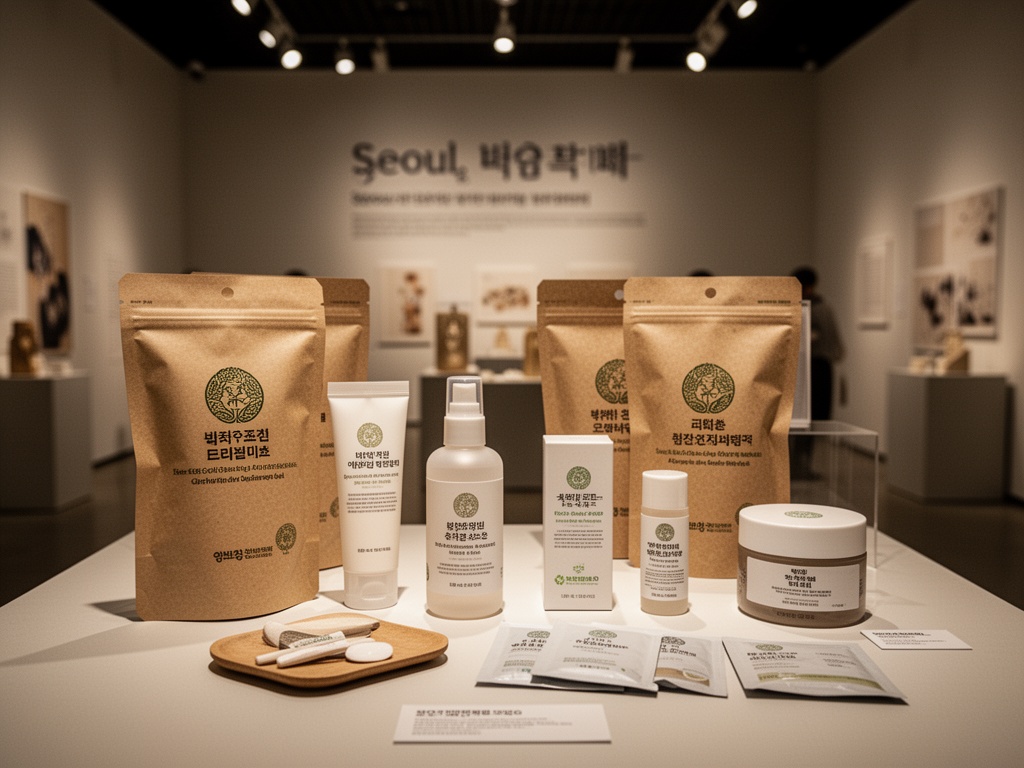Cosmetic packaging materials and eco-friendly pouches displayed on a Seoul exhibition floor with product samples arranged professionally.