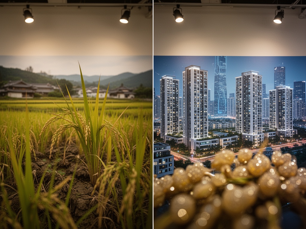 Two contrasting neighborhood scenes: a conservative rural farming area and a modern tech city district with new residential buildings.