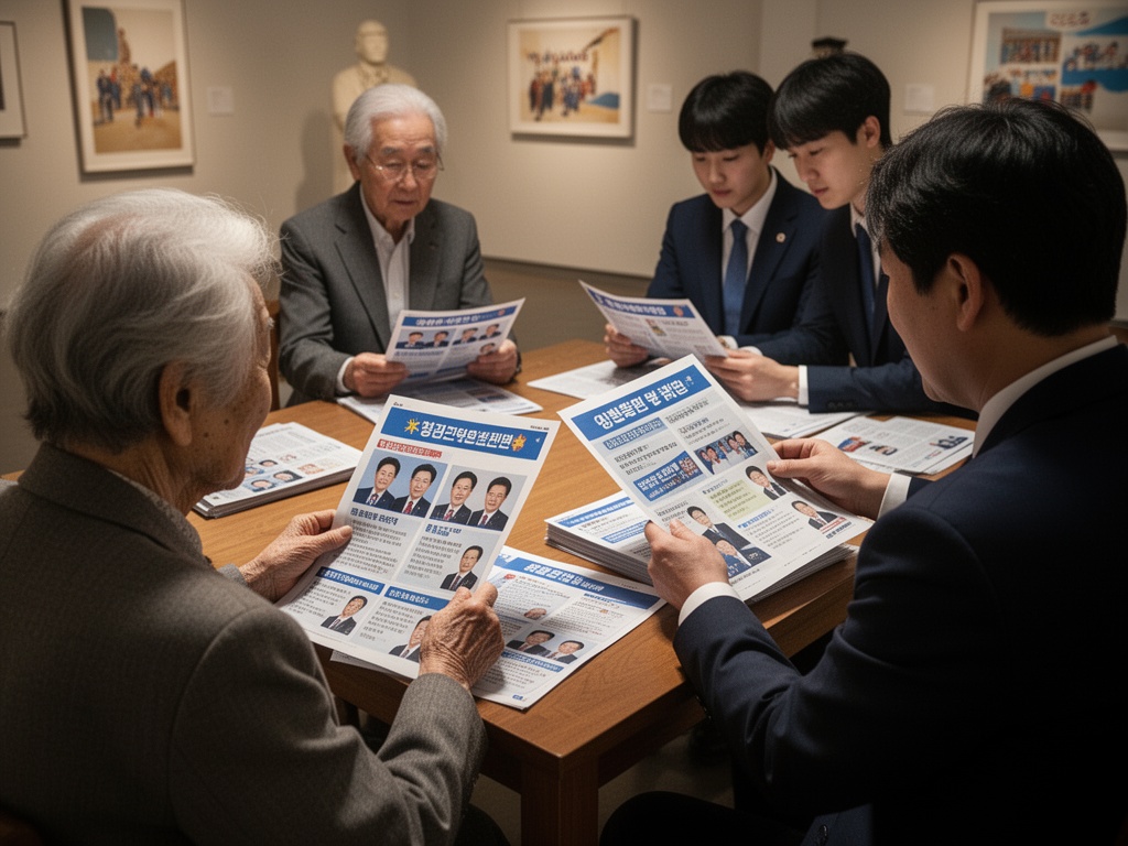 Voters of different age groups—elderly and young professionals—reviewing candidate platforms and campaign materials at a community center.