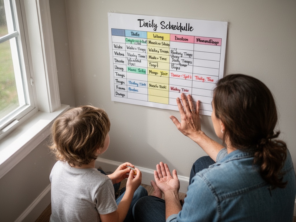 Parent and child sitting together reviewing a written daily schedule chart on the wall with adjusted wake and meal times.