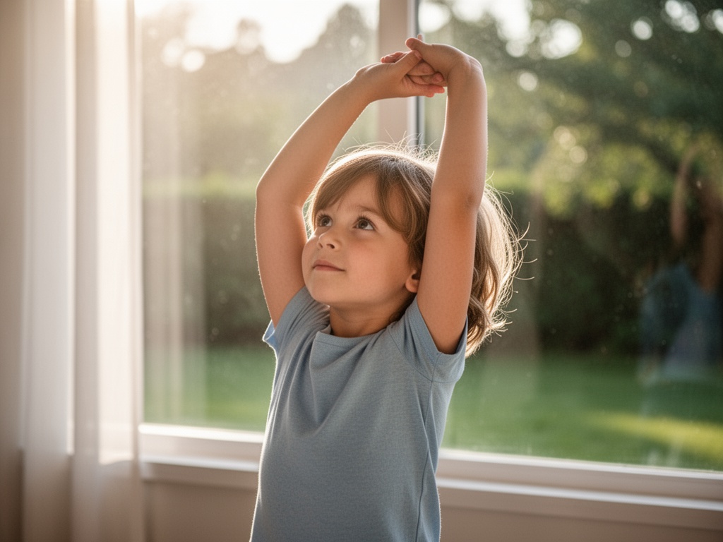 Child doing outdoor morning exercise in sunlight, stretching arms up with natural brightness illuminating surroundings.