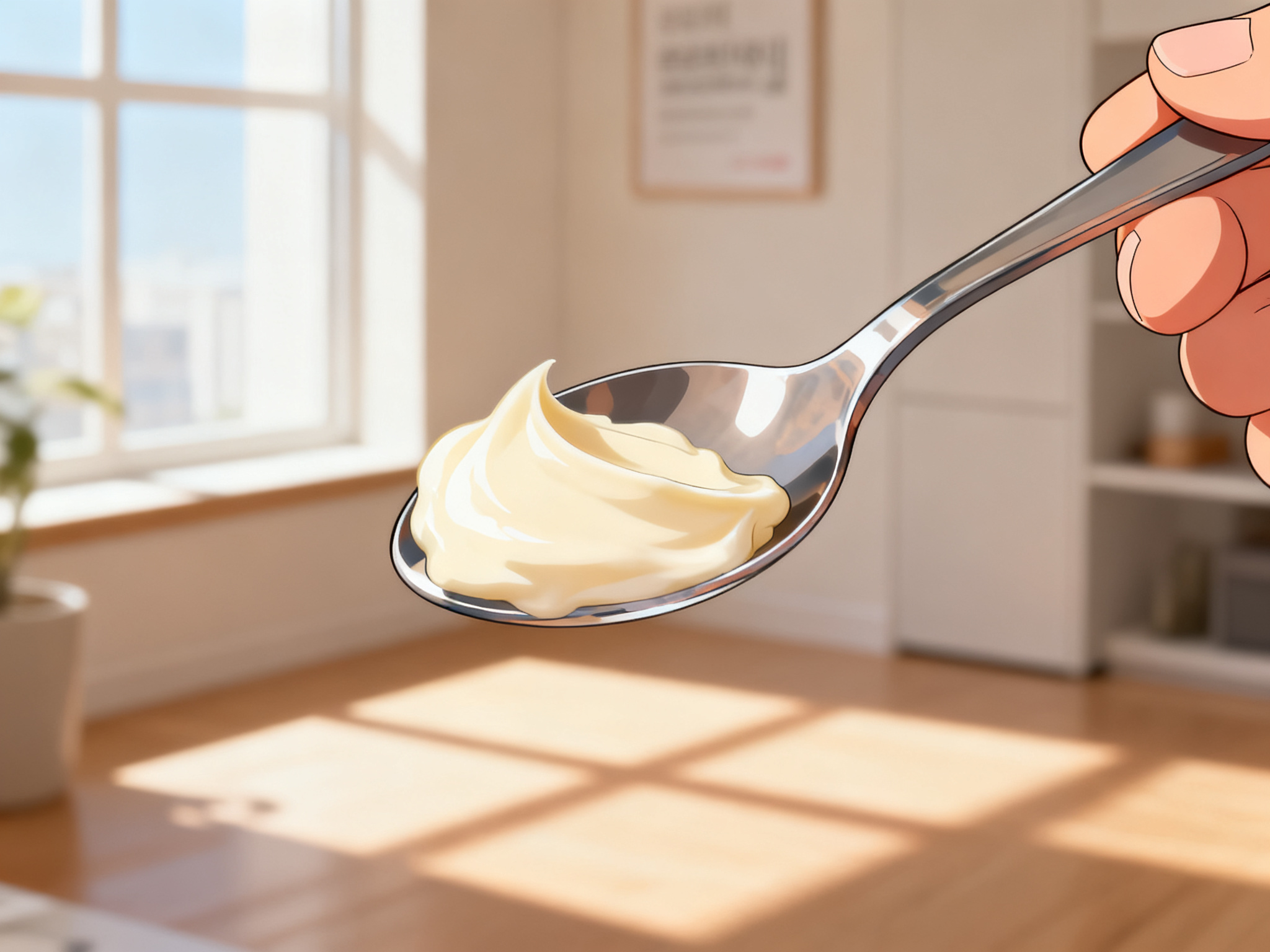 Close-up of a spoon with creamy spread being measured carefully, showing portion control awareness.