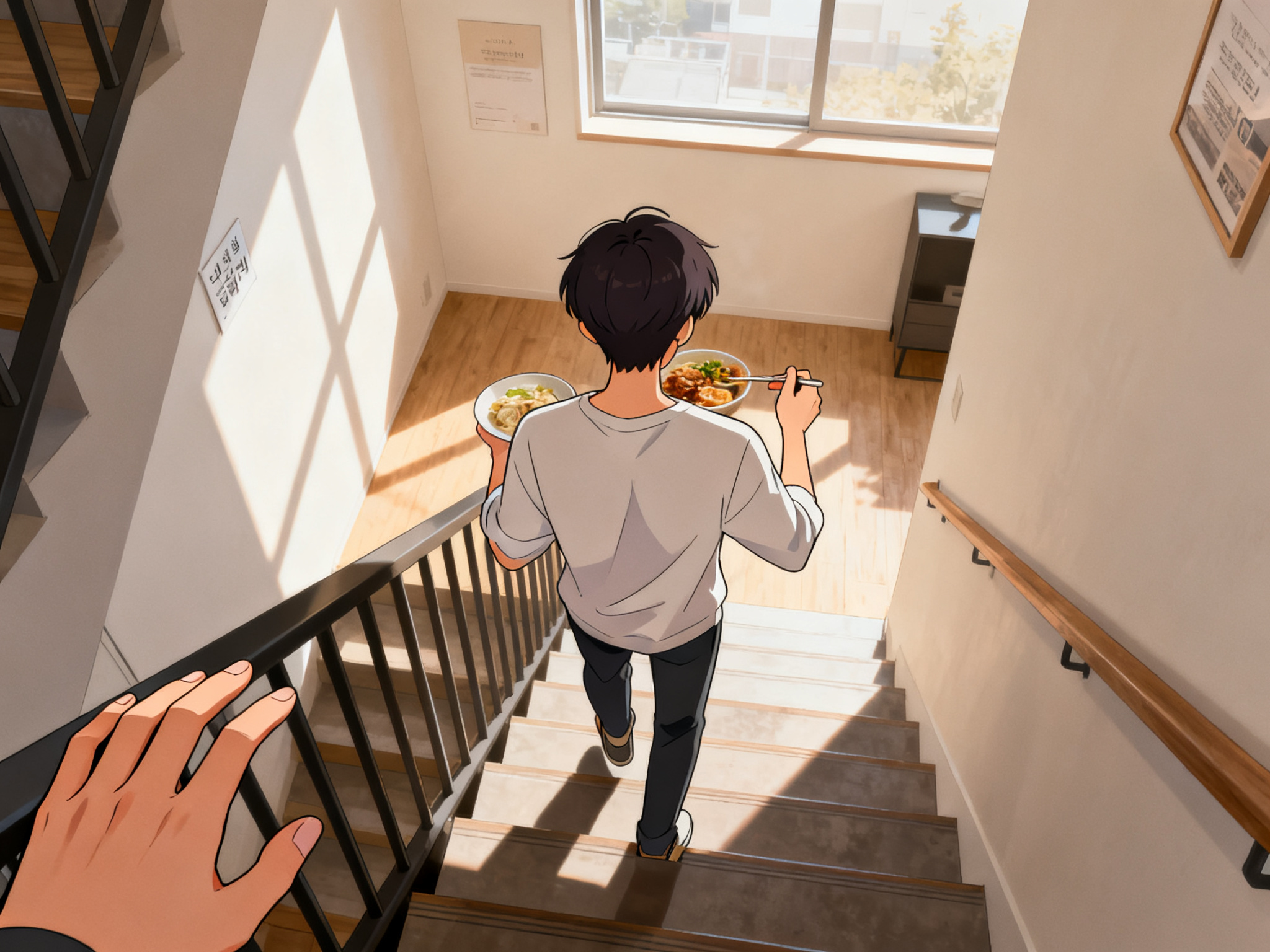 Back view of a person taking stairs after a meal, demonstrating post-eating movement habit.