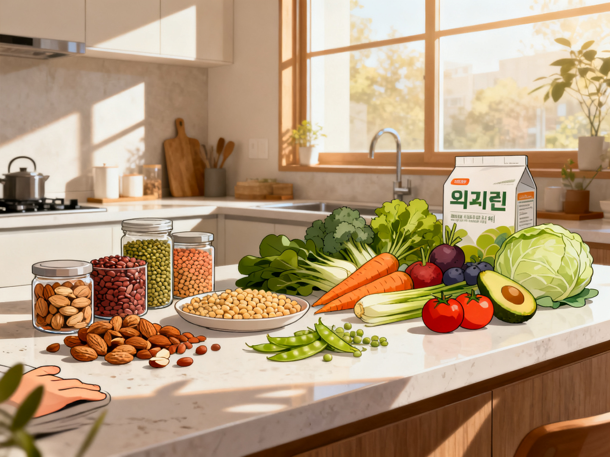 Wide shot of a kitchen counter with various whole foods—nuts, legumes, fresh produce—organized for sustainable meal preparation.