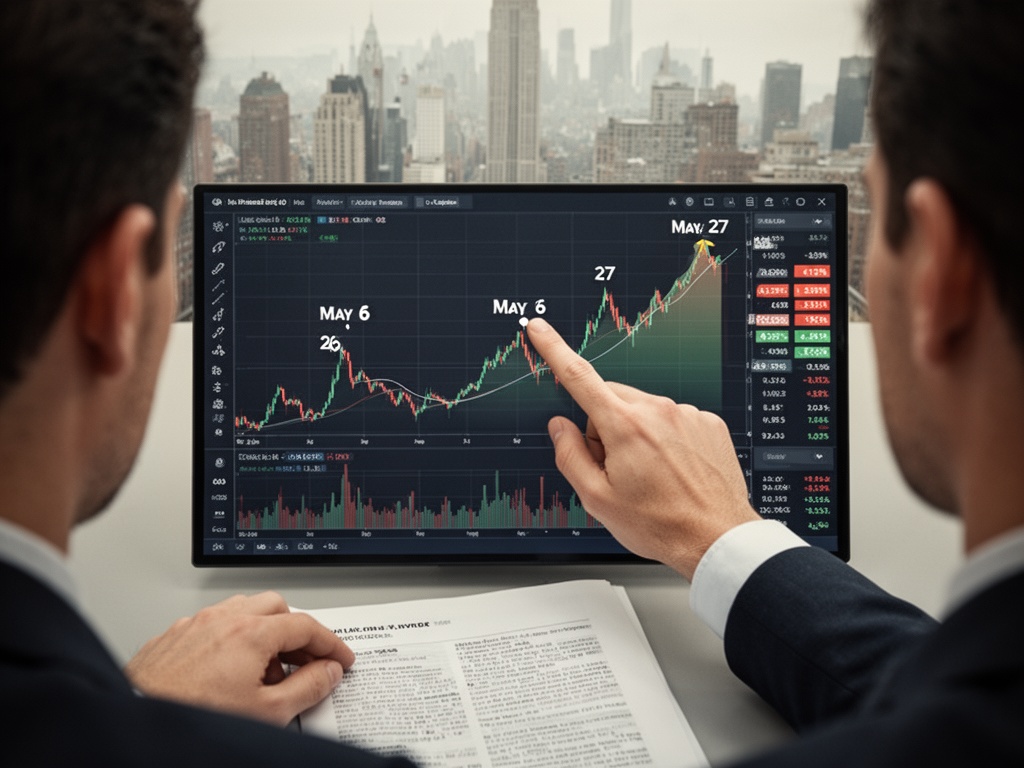 A hand pointing to upward-trending stock charts with dates marking May 6, 26, and 27 across a financial trading screen.