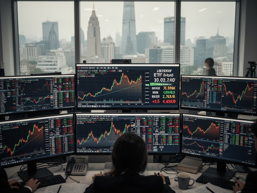 A crowded Korean securities trading floor with multiple monitors displaying leverage ETF volatility charts and record transaction volumes on the index.