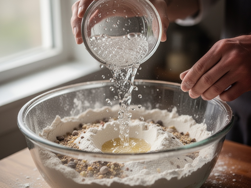 Hands pouring carbonated liquid into a mixing bowl with flour and coating ingredients.