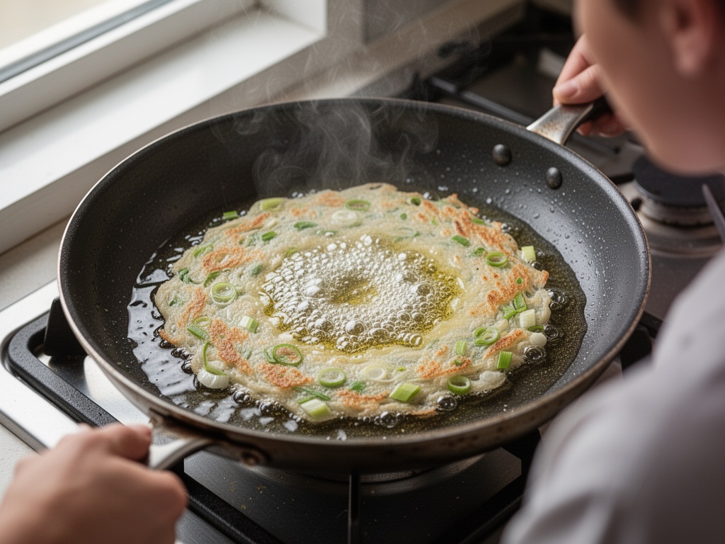 Oil sizzling in a pan as raw leek pancake batter hits the surface, immediate bubbling and crisping.