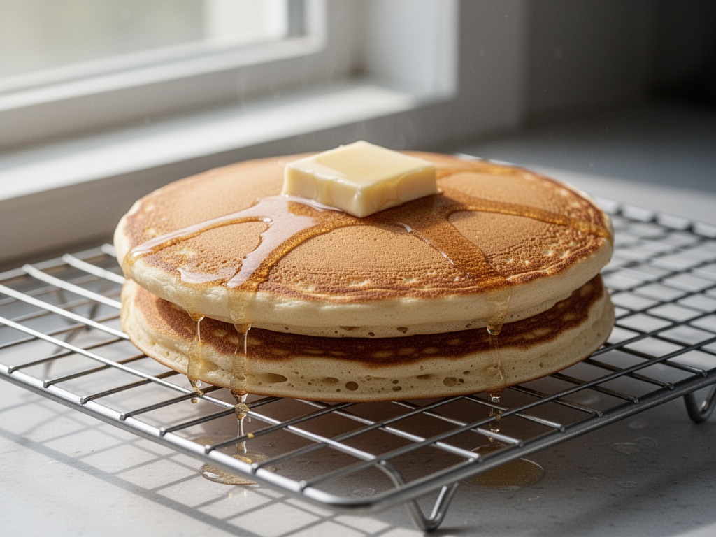 Finished pancake resting on a metal cooling rack to prevent moisture buildup on the bottom surface.