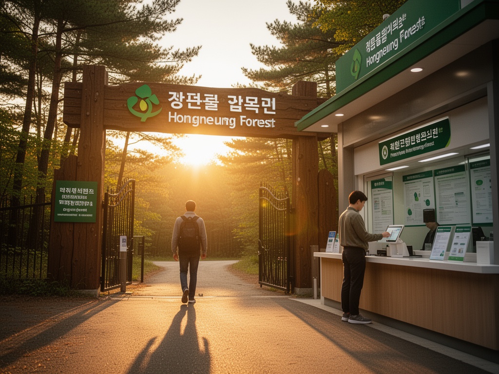 A visitor approaching the free entrance gate of Hongneung Forest, checking information at the service counter.