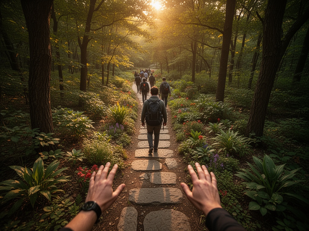 A group walking along a shaded woodland trail lined with diverse plant species and stone pathways.