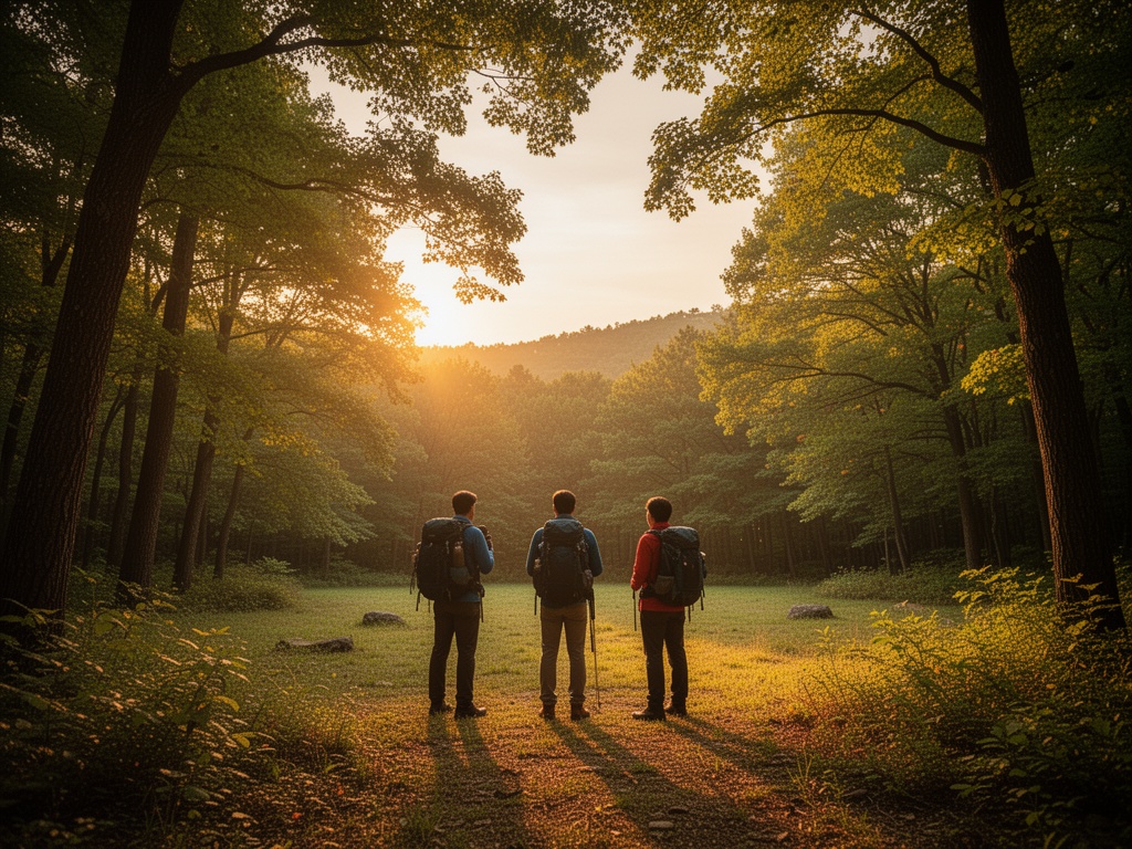 Hikers pausing at an open clearing within the urban forest, surrounded by lush canopy and peaceful atmosphere.