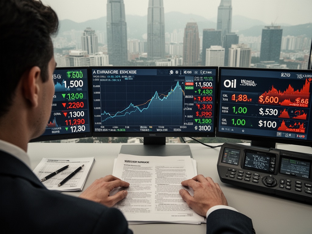 A currency exchange board showing won-to-dollar rate climbing past 1,500 mark, with oil price ticker displaying barrel prices near $100.