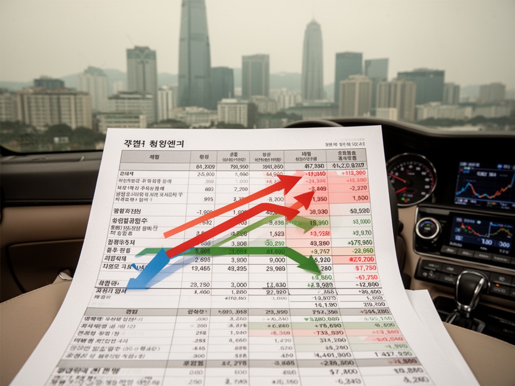 A Korean household budget spreadsheet with arrows showing simultaneous pressure from rising mortgage rates, inflation, and currency exchange losses.