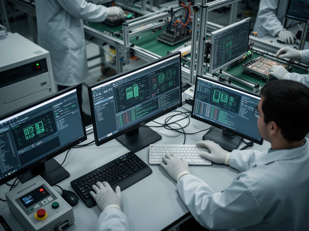 Semiconductor factory workers at production lines during peak output shift operations.