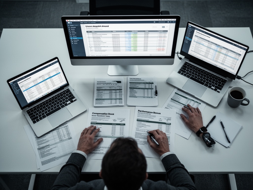 Union negotiation table with compensation records and performance bonus statements under review.