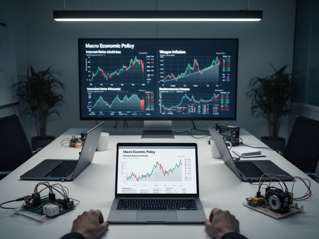 Macro economic policy meeting room with interest rate and wage inflation data charts displayed.
